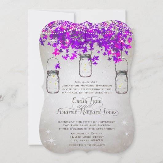 ロマンチック素朴なメイソンの瓶の輝く紫の木 招待状 (正面)