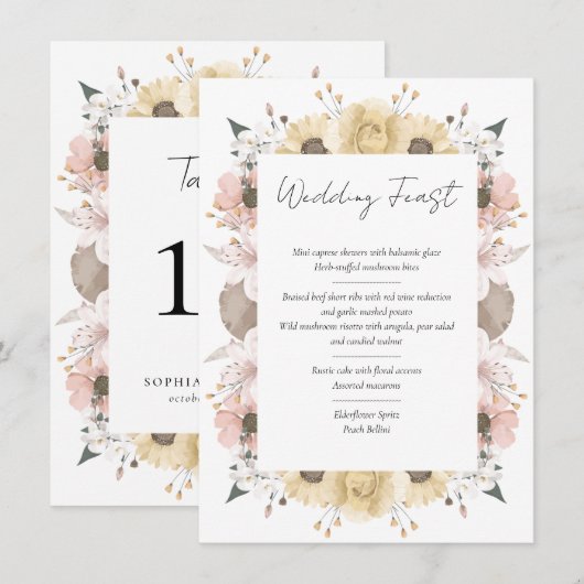 ロマンチック素朴な結婚フローラのテーブル番号メニュー メニュー (正面/裏面)