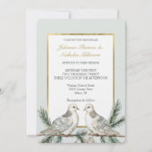 ロマンチック素朴な緑の白い金ゴールドの結婚鳥 招待状 (正面)