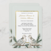 ロマンチック素朴な緑の白い金ゴールドの結婚鳥 招待状 (正面/裏面)