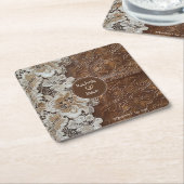 ロマンチック素朴な西カントリーレザーとレース スクエアペーパーコースター (アングル)