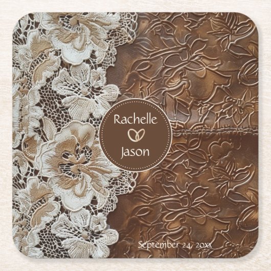 ロマンチック素朴な西カントリーレザーとレース スクエアペーパーコースター (正面)