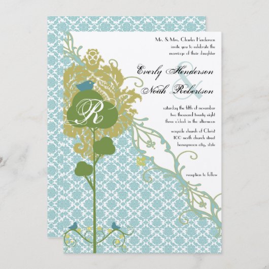 ロマンチック素朴な鳥ミントダマスウェディング 招待状 (正面/裏面)