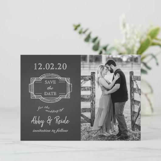 ロマンチック素朴な黒と白の写真日付を保存 セーブザデート (スタンド正面)