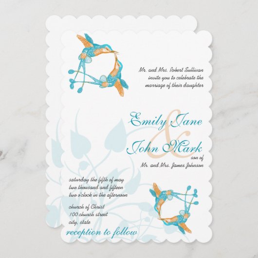 ロマンチック素朴ハミングバードキスラブバードウェディング 招待状 (正面/裏面)