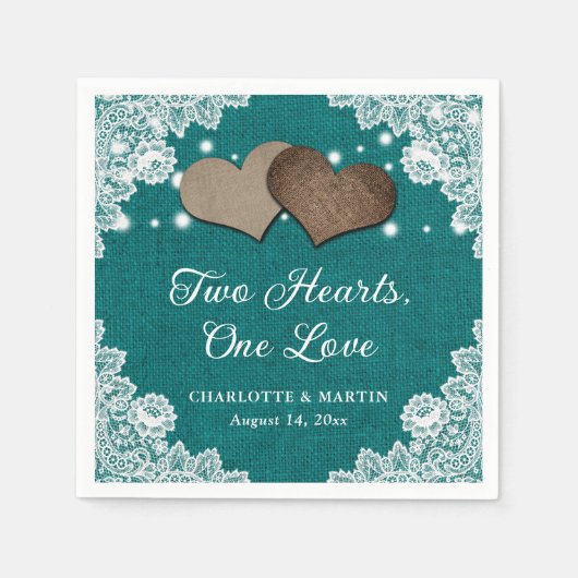 ロマンチック素朴バーラップアンドレースティール(緑がかった色)結婚ズ スタンダードカクテルナプキン (正面)