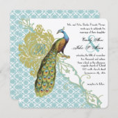 ロマンチック素朴ミントピーコックダマスウェディング 招待状 (正面/裏面)