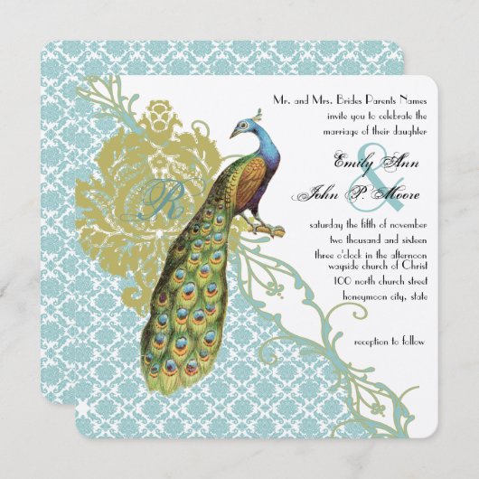 ロマンチック素朴ミントピーコックダマスウェディング 招待状 (正面/裏面)