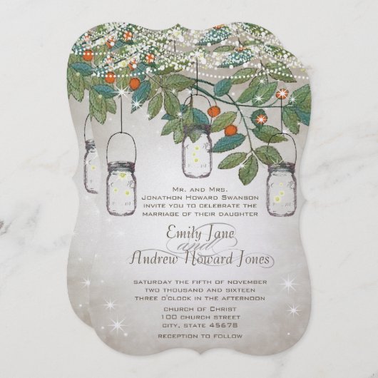 ロマンチック素朴メイソンジャーティール(緑がかった色)アクアコーラル 招待状 (正面/裏面)