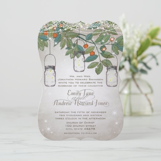 ロマンチック素朴メイソンジャーティール（緑がかった色）アクアコーラル 招待状 (スタンド正面)