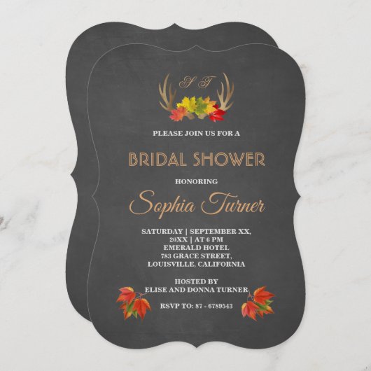 ロマンチック素朴〔雄ジカの〕枝角秋ブライダルシャワー招待状 招待状 (正面/裏面)