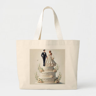 ロマンチック結婚なケーキのトートバッグ。 ラージトートバッグ