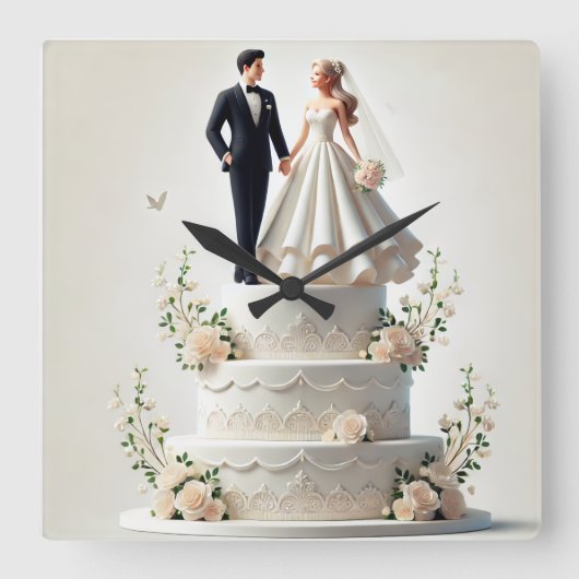 ロマンチック結婚なケーキの壁時計 スクエア壁時計 (正面)
