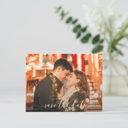ロマンチック結婚なスクリプトの写真の日付を保存 案内ポストカード (スタンド正面)