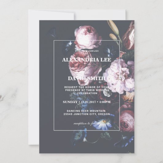 ロマンチック結婚なダークブラックのムーディピンク花模様 招待状 (正面)