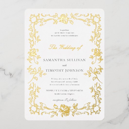 ロマンチック結婚なファインアートのヴィンテージフランスの枠 箔招待状 (正面)