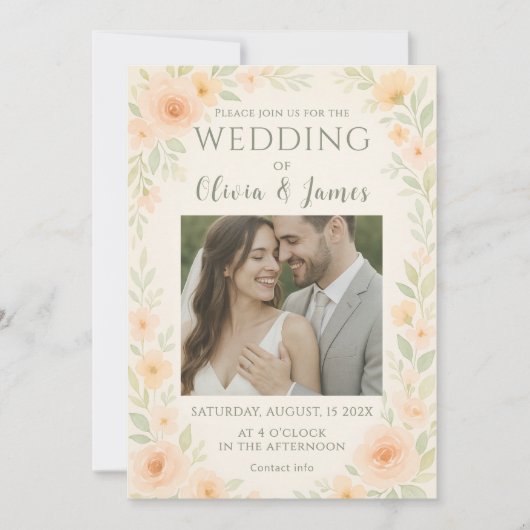 ロマンチック結婚なフローラとソフトピーチバラ 招待状 (正面)