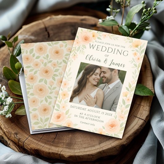 ロマンチック結婚なフローラとソフトピーチバラ 招待状