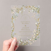ロマンチック結婚なフローラのデザインとモノグラムクレスト アクリル招待状 (インサイチュ (ポータブル))