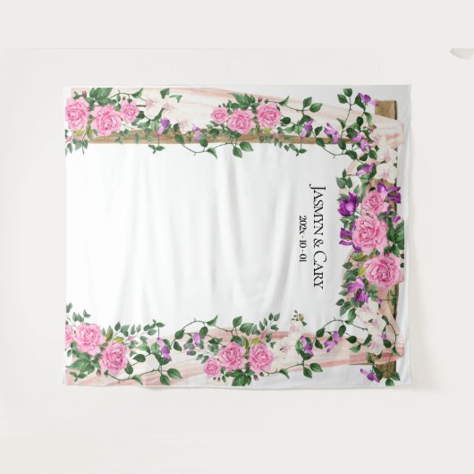 ロマンチック結婚なフローラの背景フォトブース タペストリー (正面(横))