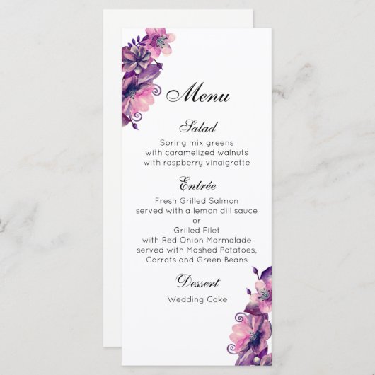 ロマンチック結婚なメニューのピンク。紫色のディナーメニュー メニュー (正面/裏面)