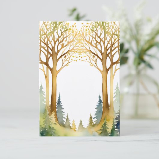 ロマンチック結婚な入り口の枠の森の金ゴールドグリーン 招待状 (スタンド正面)