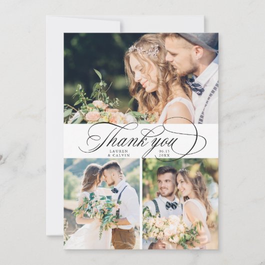 ロマンチック結婚な書道の4枚の写真 サンキューカード (正面)