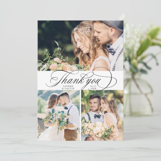 ロマンチック結婚な書道の4枚の写真 サンキューカード (スタンド正面)