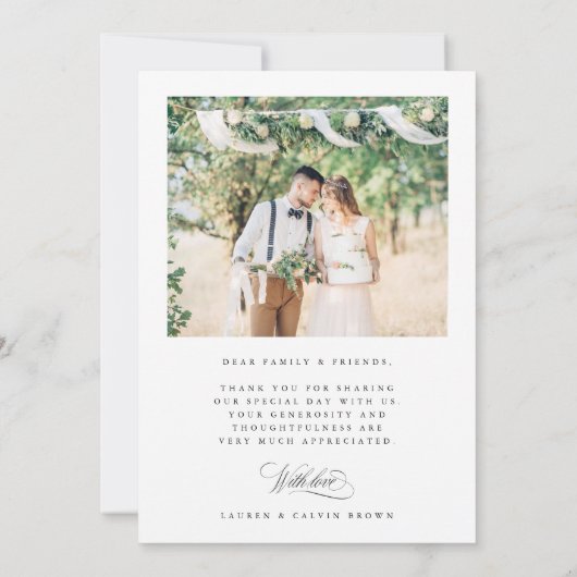 ロマンチック結婚な書道の4枚の写真 サンキューカード (裏面)