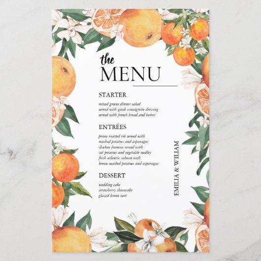 ロマンチック結婚オレンジのテーブルメニュー (正面)