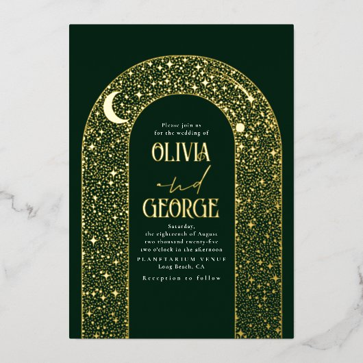 ロマンチック結婚シアルズエメラルドグリーン&金ゴールド 箔招待状 (正面)