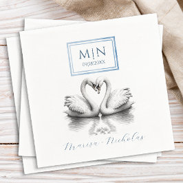 ロマンチック結婚スワンズナプキンズブルーモノグラム スタンダードカクテルナプキン