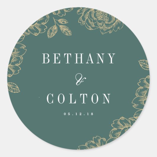 ロマンチック結婚フローラのステッカー | Emerald ラウンドシール (正面)