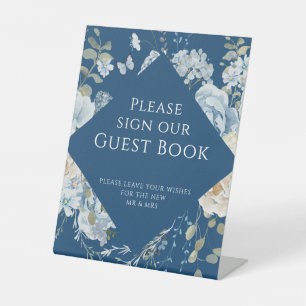 ロマンチック結婚ブルーフローラのサインOur Guest Book 台座サイン