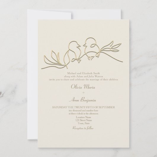 ロマンチック結婚金ゴールドのQRコード 招待状 (正面)