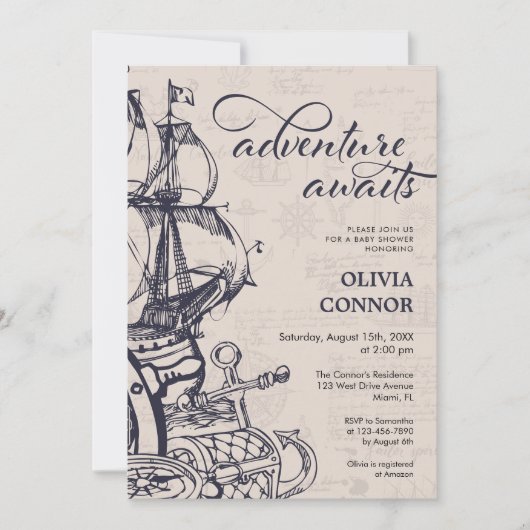 ロマンチック航海のな冒険が赤ちゃんのシャワーを待つ 招待状 (正面)