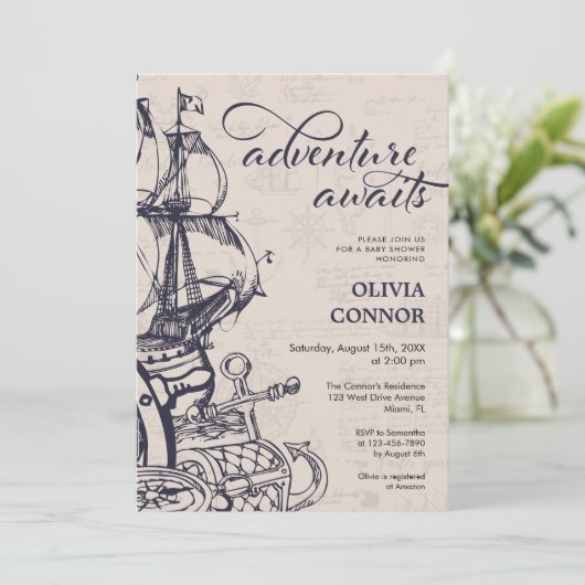 ロマンチック航海のな冒険が赤ちゃんのシャワーを待つ 招待状 (スタンド正面)