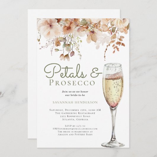 ロマンチック花びらとプロセッコフローラブライダルシャワー 招待状 (正面/裏面)
