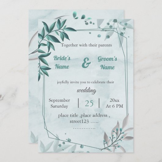 ロマンチック葉ブルーフローラ幾何結婚の 招待状 (正面/裏面)