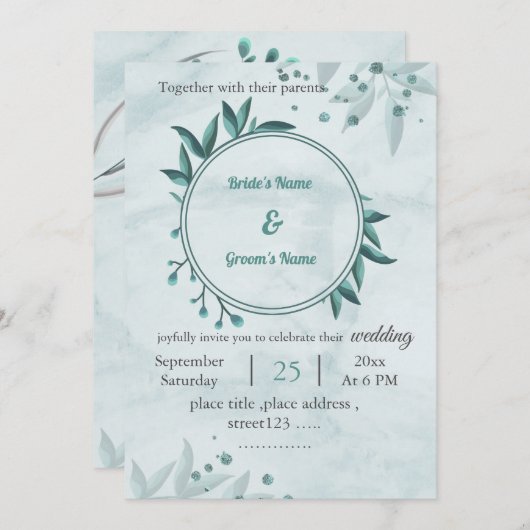 ロマンチック葉ブルーフローラ幾何結婚の 招待状 (正面/裏面)