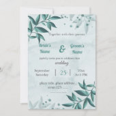 ロマンチック葉ブルーフローラ結婚式招待状 招待状 (正面)