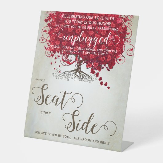 ロマンチック赤いハートリーフ結婚ツリー 台座サイン (正面)