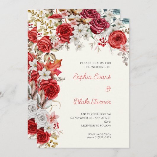 ロマンチック赤と白バラホワイトクリ結婚ーム 招待状 (正面/裏面)
