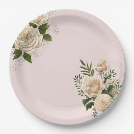 ロマンチック赤面ピンクアイボリー結婚フローラ ペーパープレート