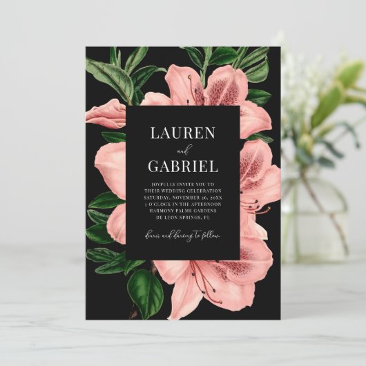 ロマンチック赤面ピンクダークヴィンテージフローラ結婚ズ 招待状 (スタンド正面)