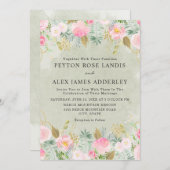 ロマンチック赤面ピンクフローラグリーン金ゴールド結婚ズ 招待状 (正面/裏面)