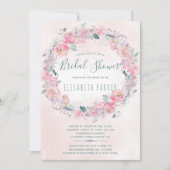 ロマンチック赤面ピンクフローラリースブライダルシャワー 招待状 (正面)