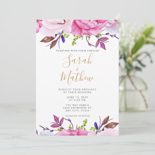 ロマンチック赤面ピンクフローラ結婚式招待状カード 招待状 (スタンド正面)