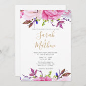 ロマンチック赤面ピンクフローラ結婚式招待状カード 招待状 (正面/裏面)
