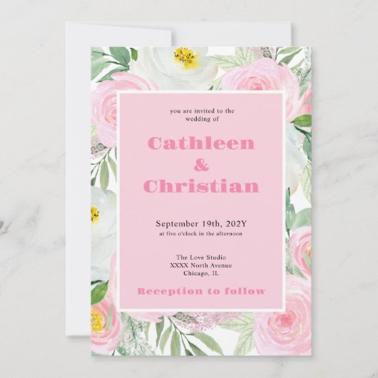 ロマンチック赤面ピンクフローラ結婚式招待状 招待状 (正面)